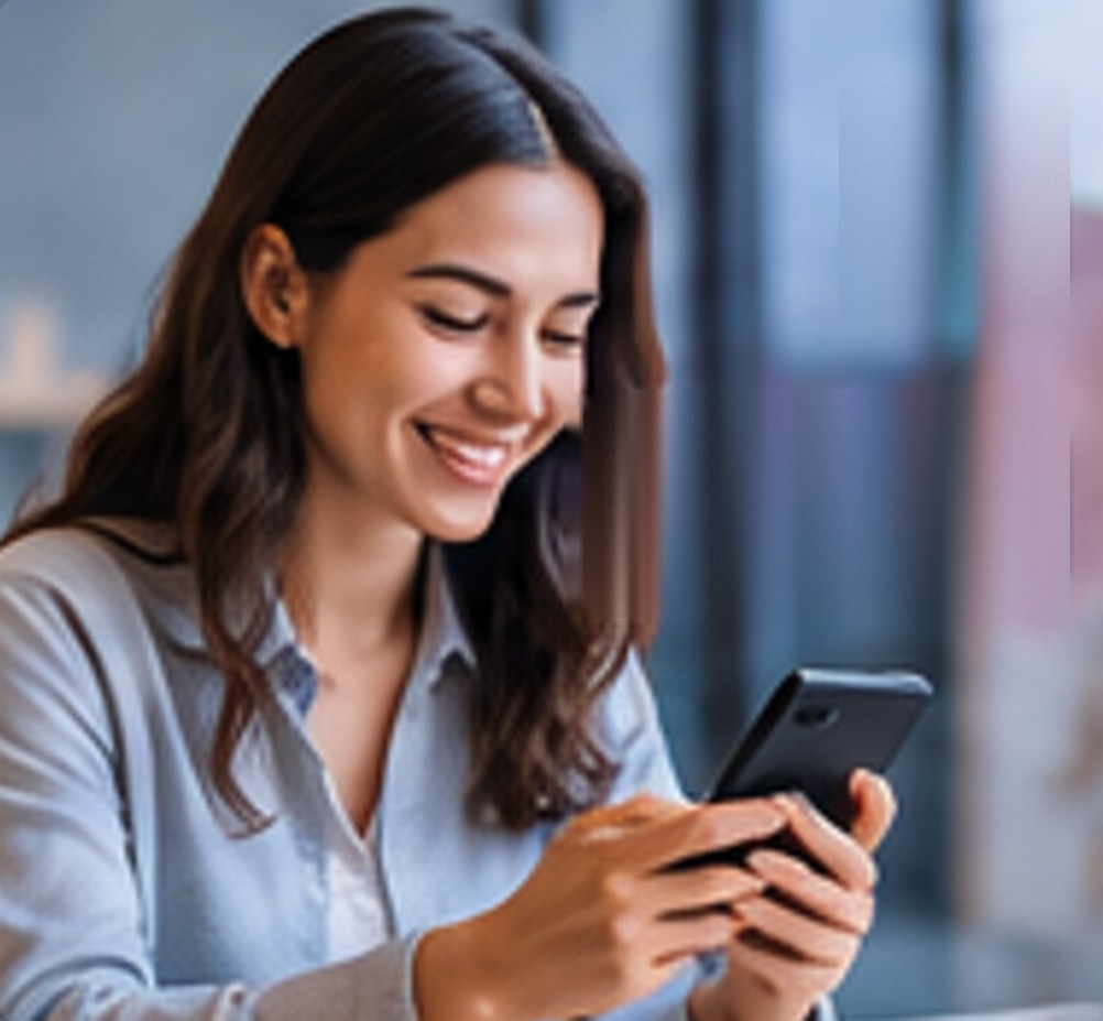 Guest smiling at her phone as her turn comes up