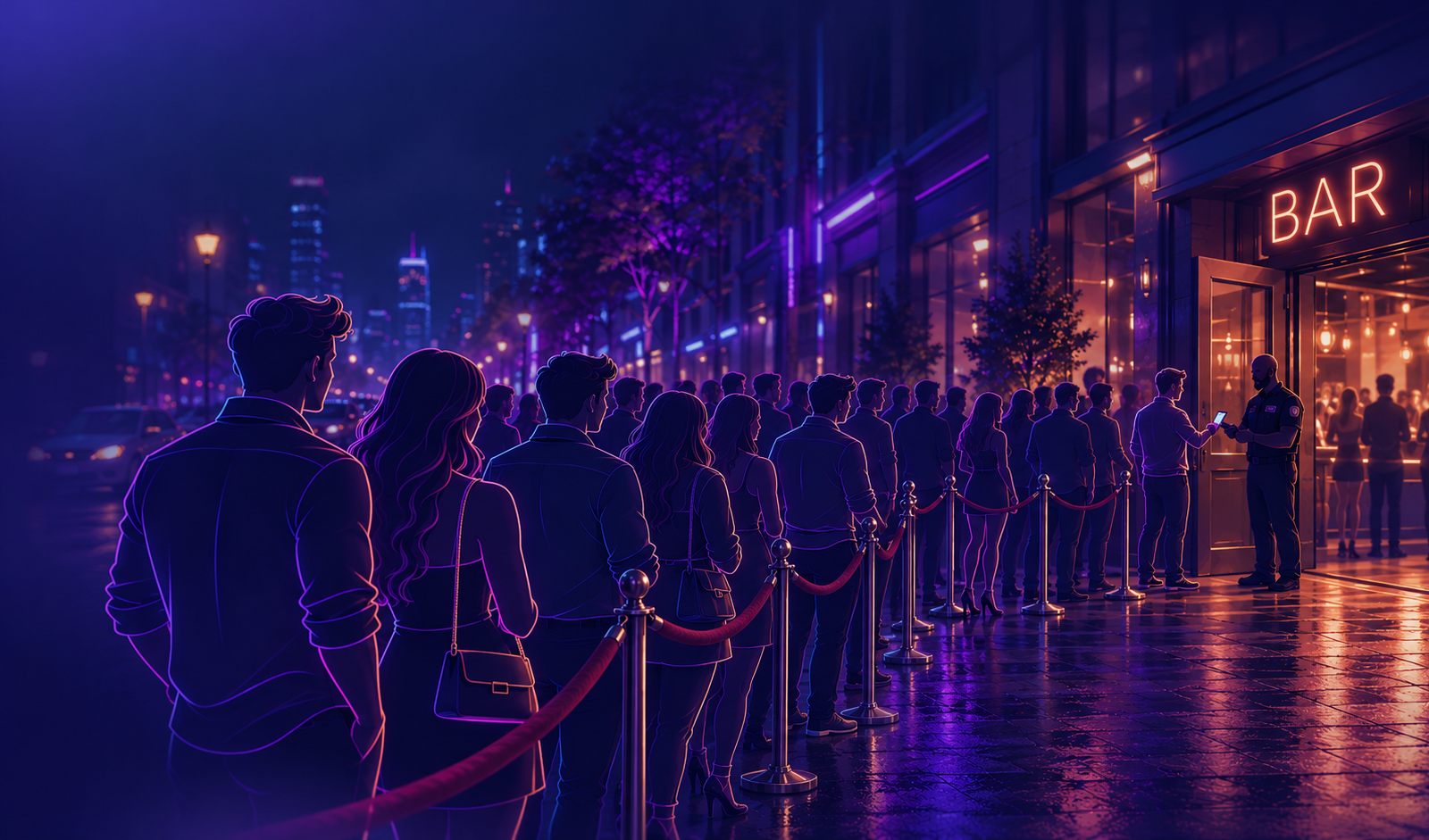 Guests queuing behind a rope outside a bar at night while a doorman scans a guest in