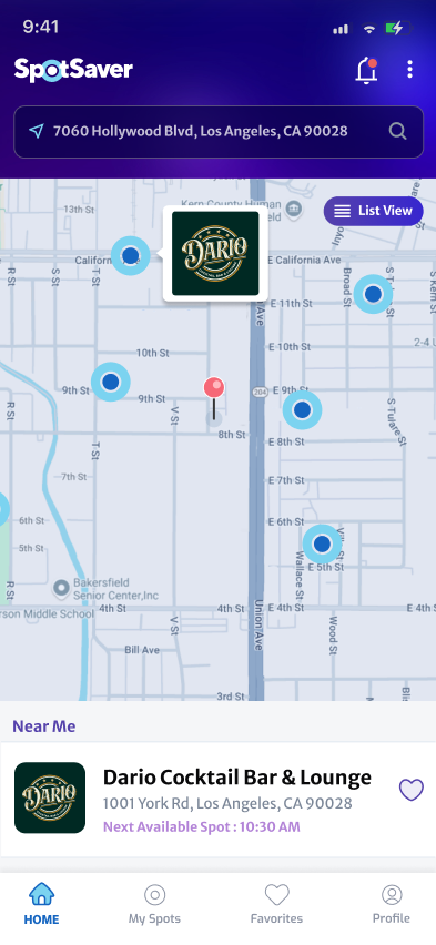 SpotSaver app map view showing nearby venues