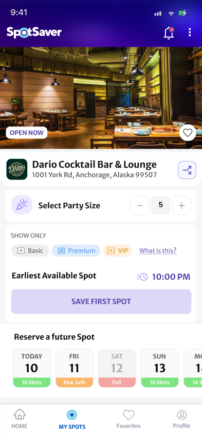 SpotSaver app: pick a venue, choose your party size and save your spot