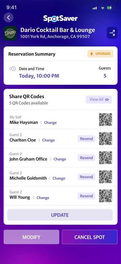 SpotSaver app: reservation summary with a QR code for every guest